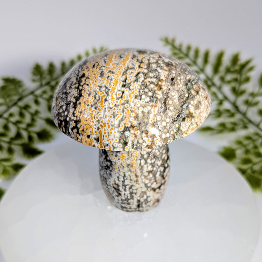 Ocean Jasper 2.9 inch mushroom carving #BC1035 with speckled black white orange veins