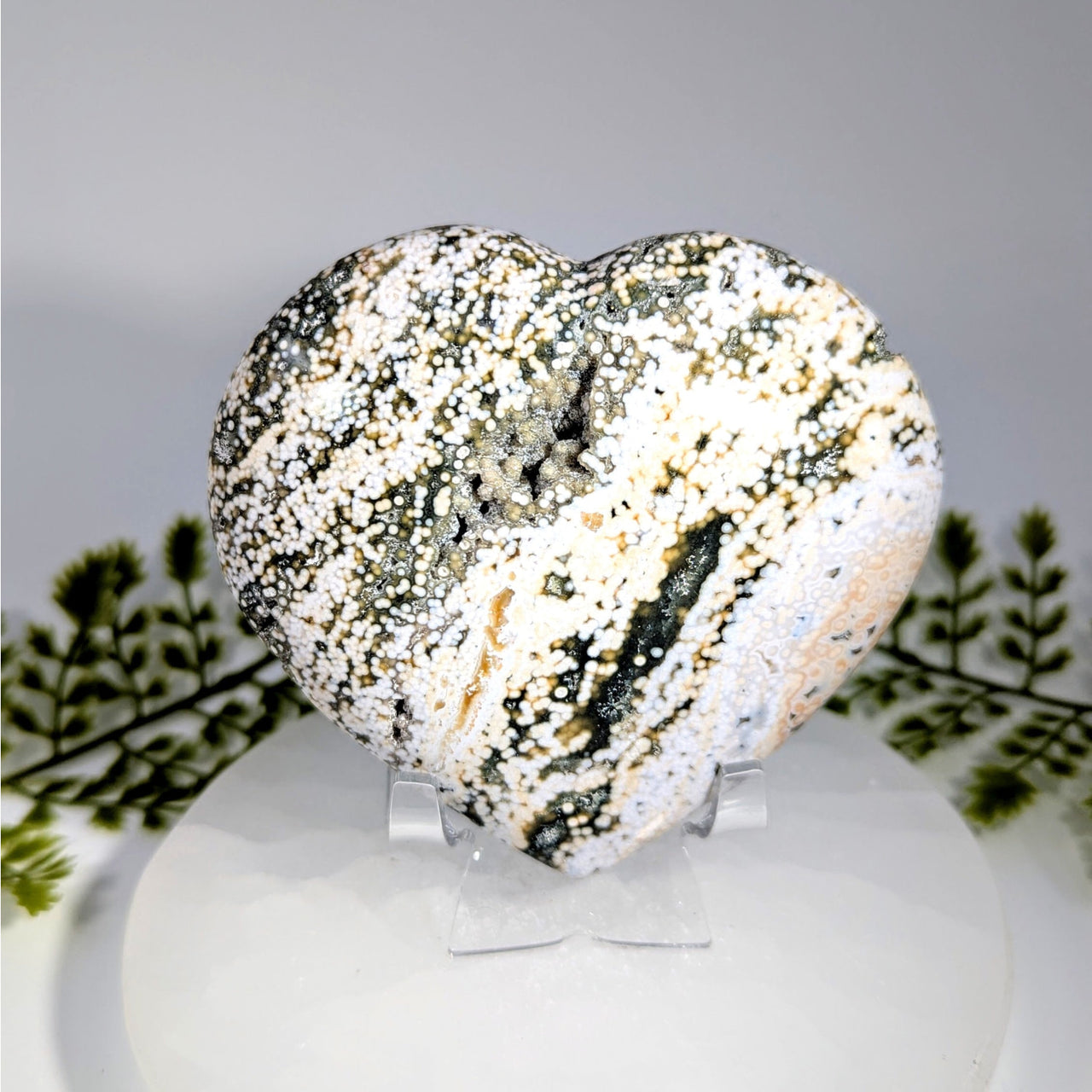 Ocean Jasper 3.8’’ dendritic heart #BC0843 with swirling black, white, beige pattern