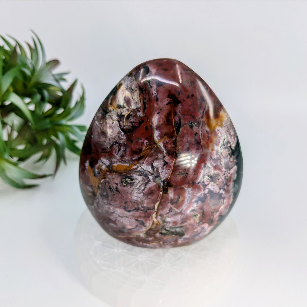 Ocean Jasper 3.9’’ Freeform showcasing polished stone with reddish-brown and gray patterns