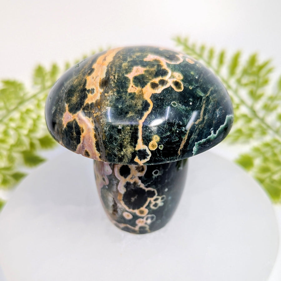 Ocean Jasper 3’’ mushroom carving #BC1036 with green base and swirling patterns
