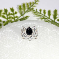 Onyx size 8 lotus silver ring BC1070 with teardrop black onyx stone