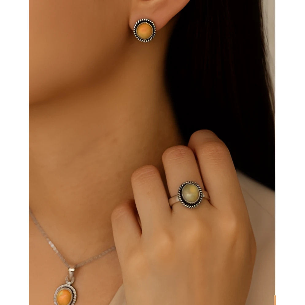 Opal Silver Twist 3pc Pendant Earring Ring Set #LV9467