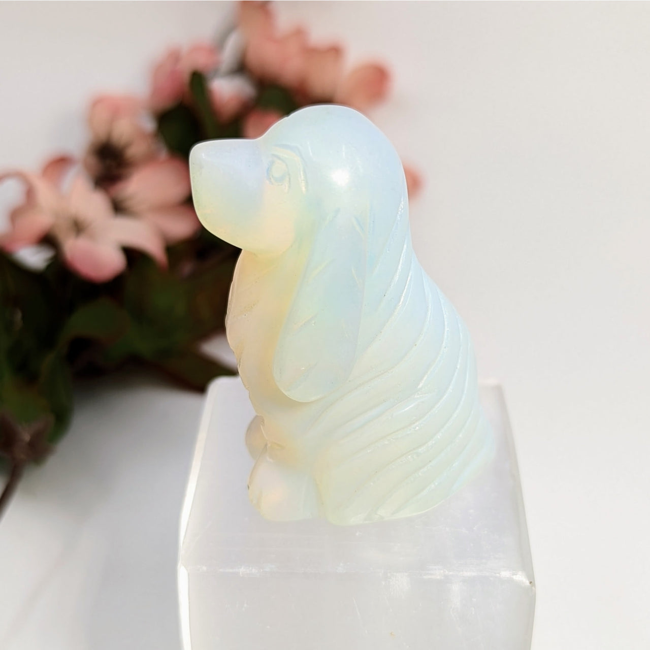 Opalite 2.5-inch Cocker Spaniel dog figurine carving displayed for sale
