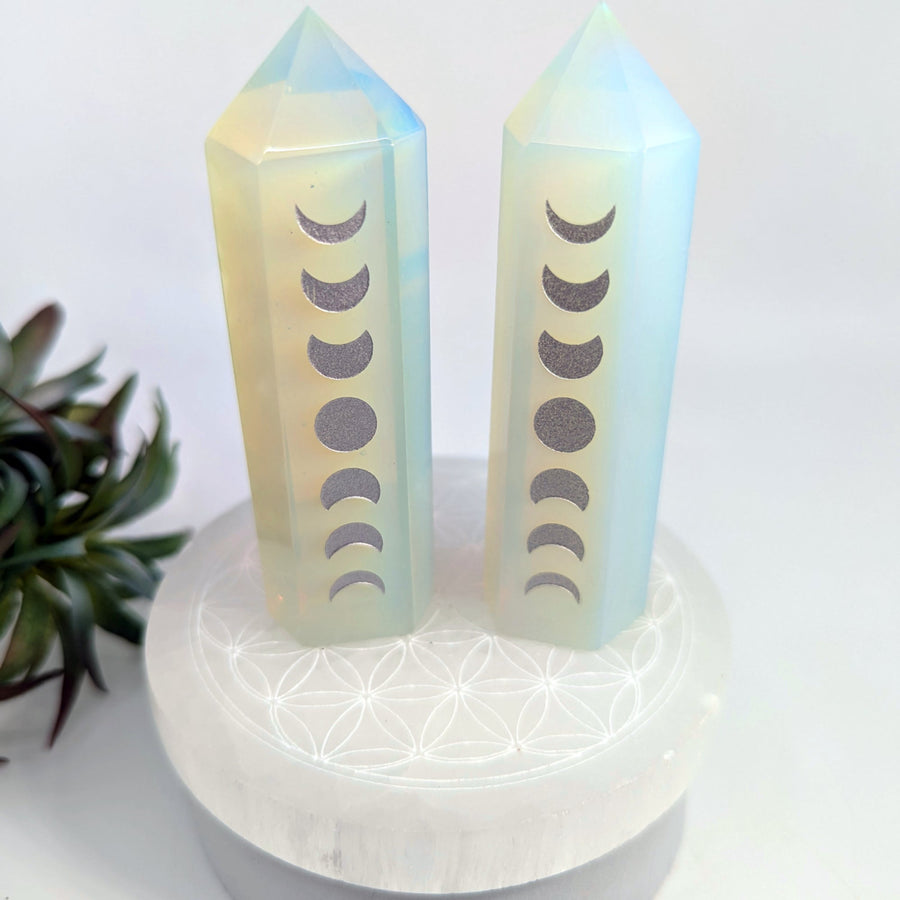 Opalite crystal towers with moon phase etchings for spiritual energy and decor