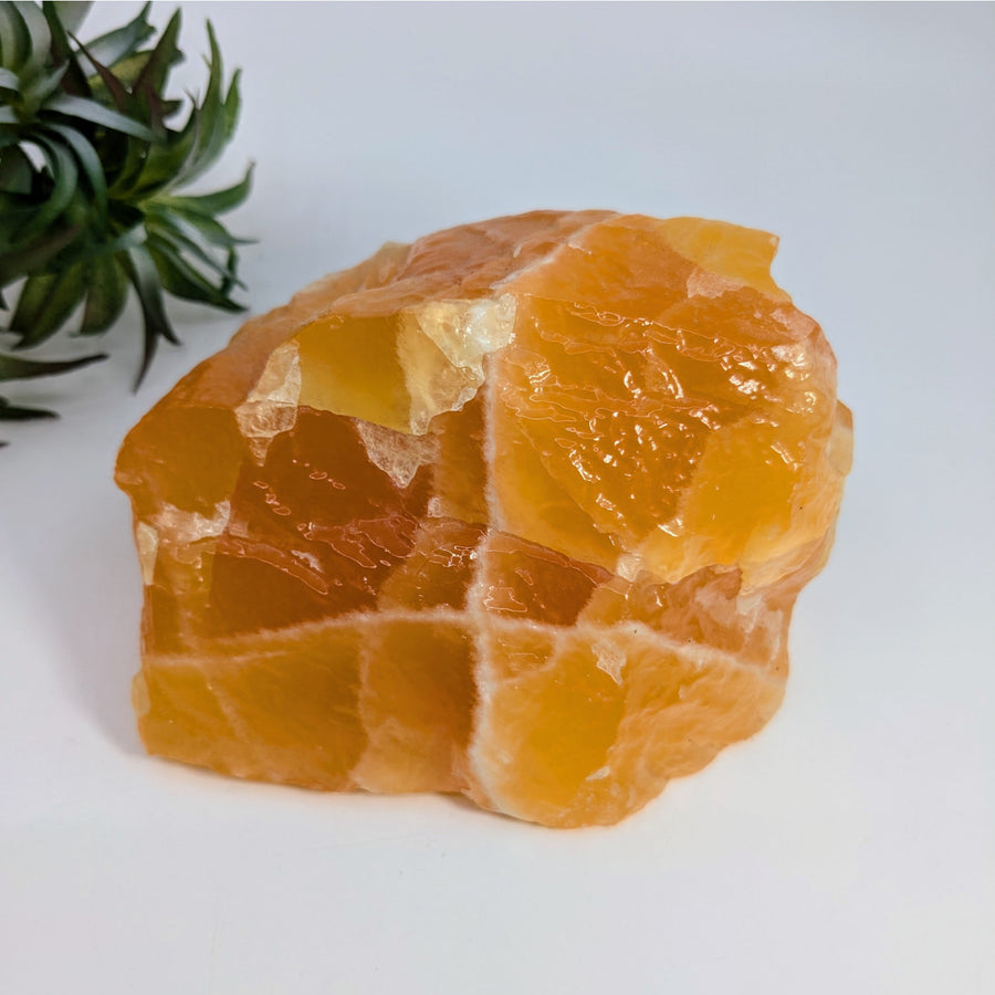 Rough translucent orange calcite specimen for centering purposes in crystal displays