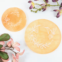 Orange Selenite 3 - 4’’ Plate w Hummingbird Etching #LV9361