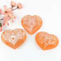 Orange Selenite 3’’ Heart w Lotus Etching #LV9342 - $48
