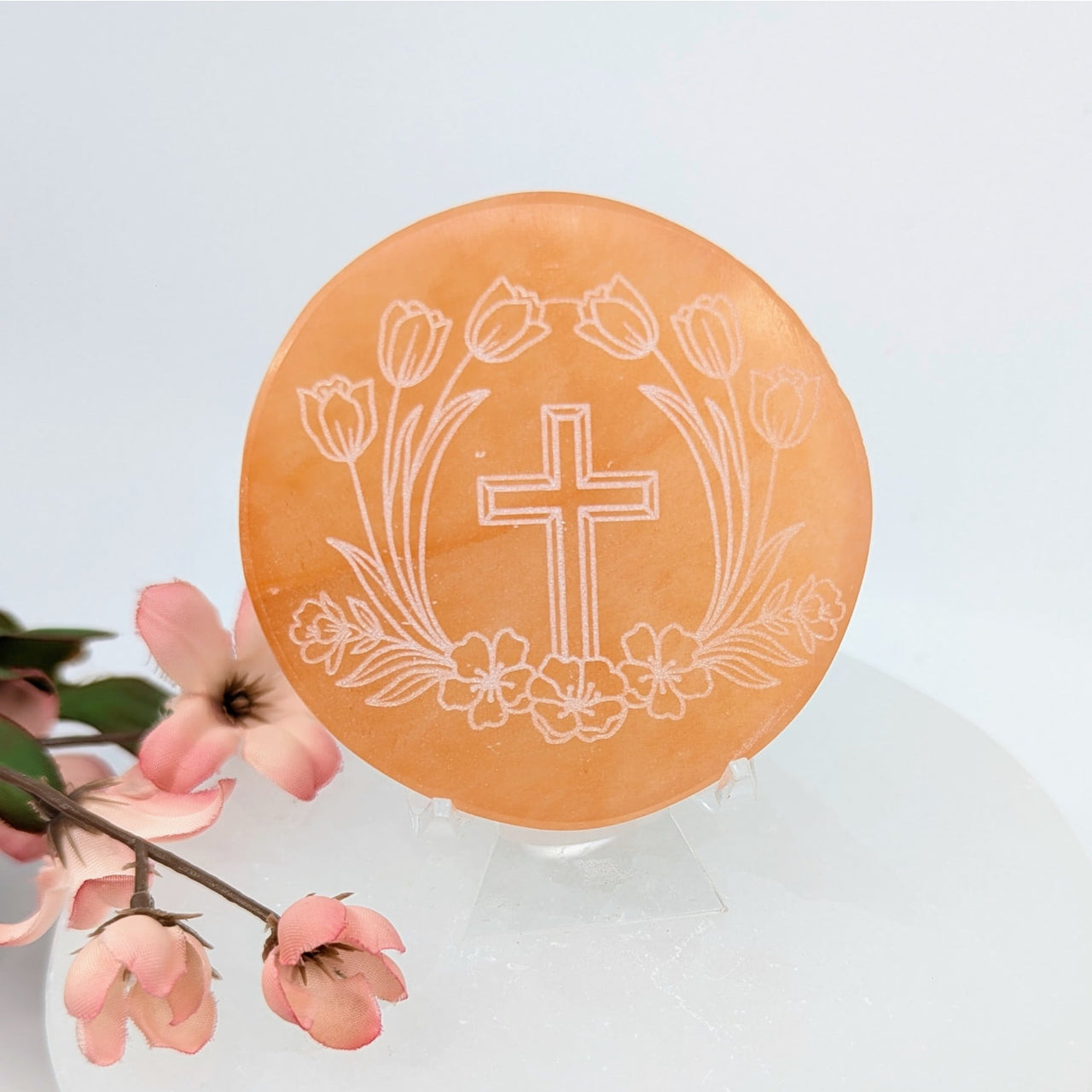 Orange Selenite 3’’ Plate w Cross Etching #LV9360 - $45
