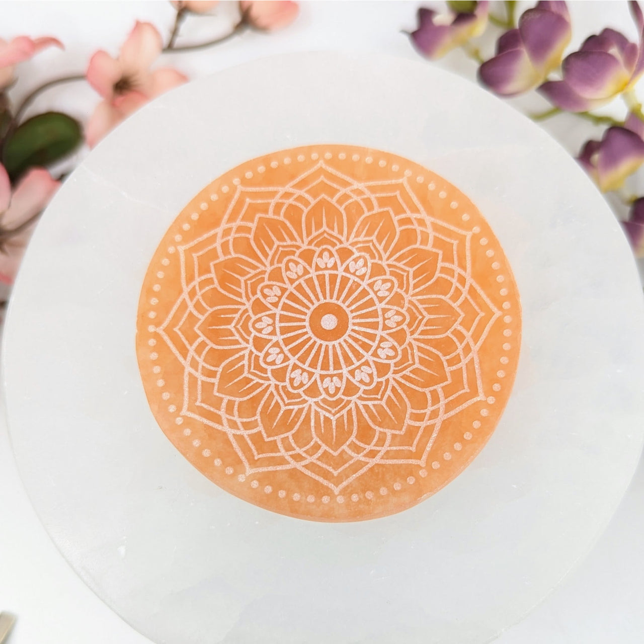 Orange Selenite Plate 3’’ w Mandala Etching #LV9378 - $45