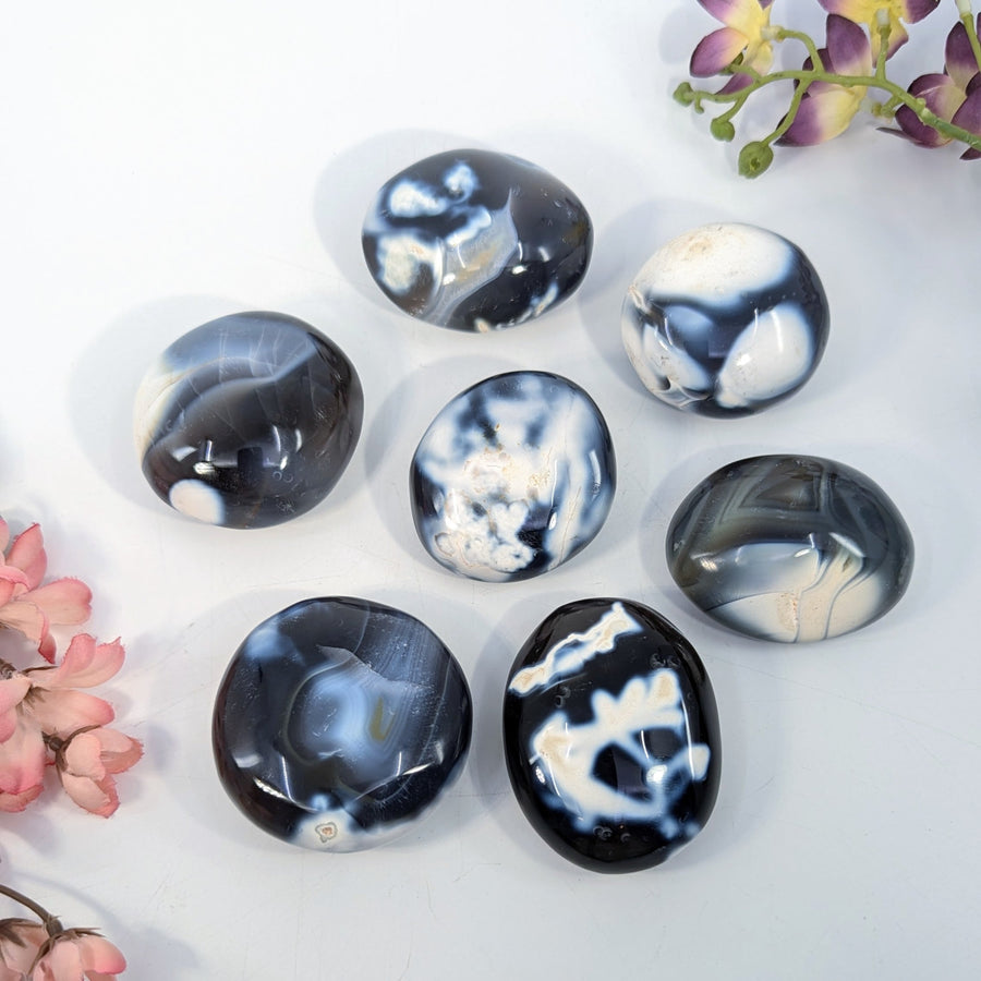Polished black and white Orca Agate pebble, 1.7-2.2 inches, #BC0385