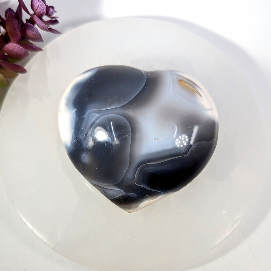 Polished Orca Agate 3’’ Heart #BC0258 with black, gray, white swirls