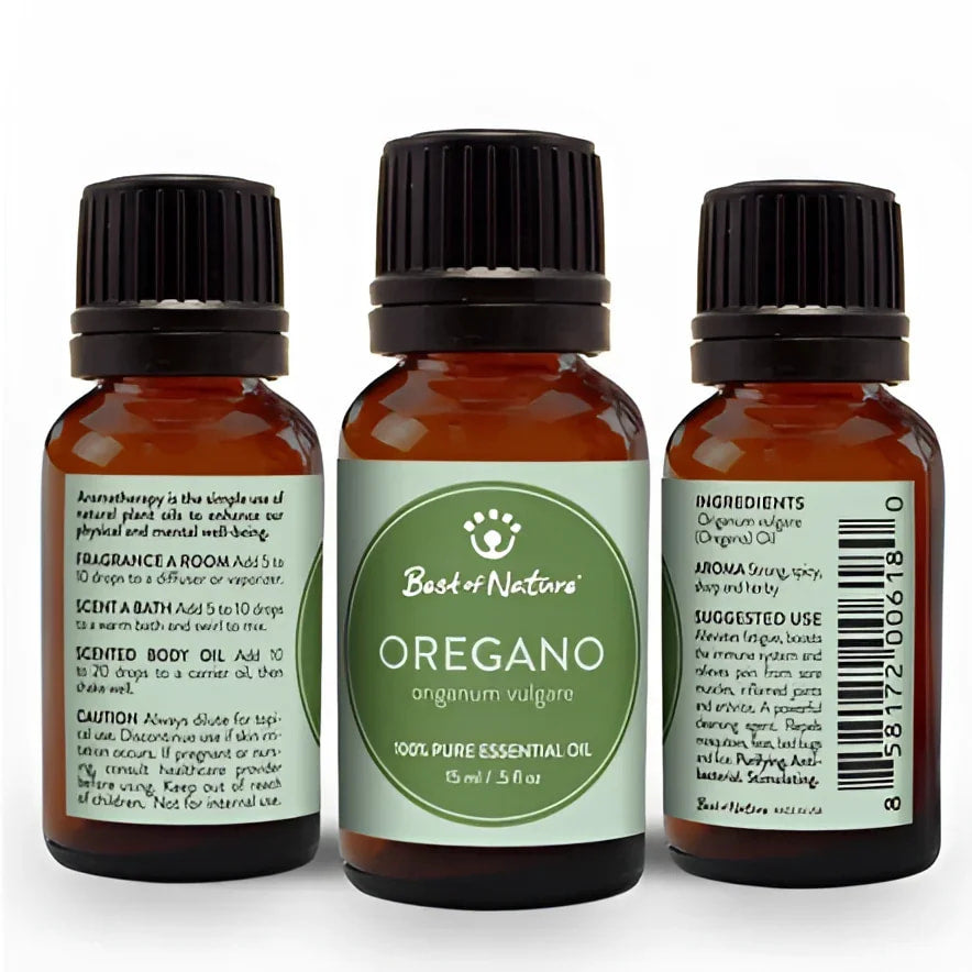 Three bottles of Oregano Essential Oil by Best of Nature #Q191, organic skincare product