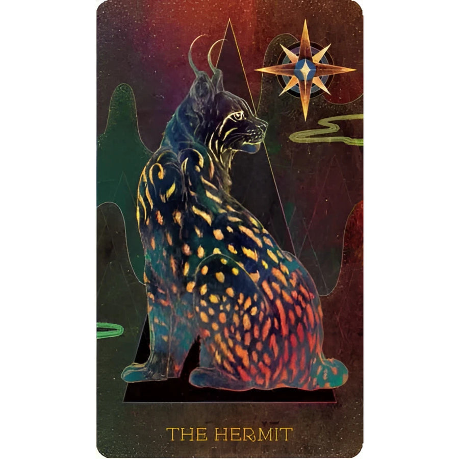 Close-up of a cat on Orien’s Animal Tarot card deck with a star background - ideal for tarot readers