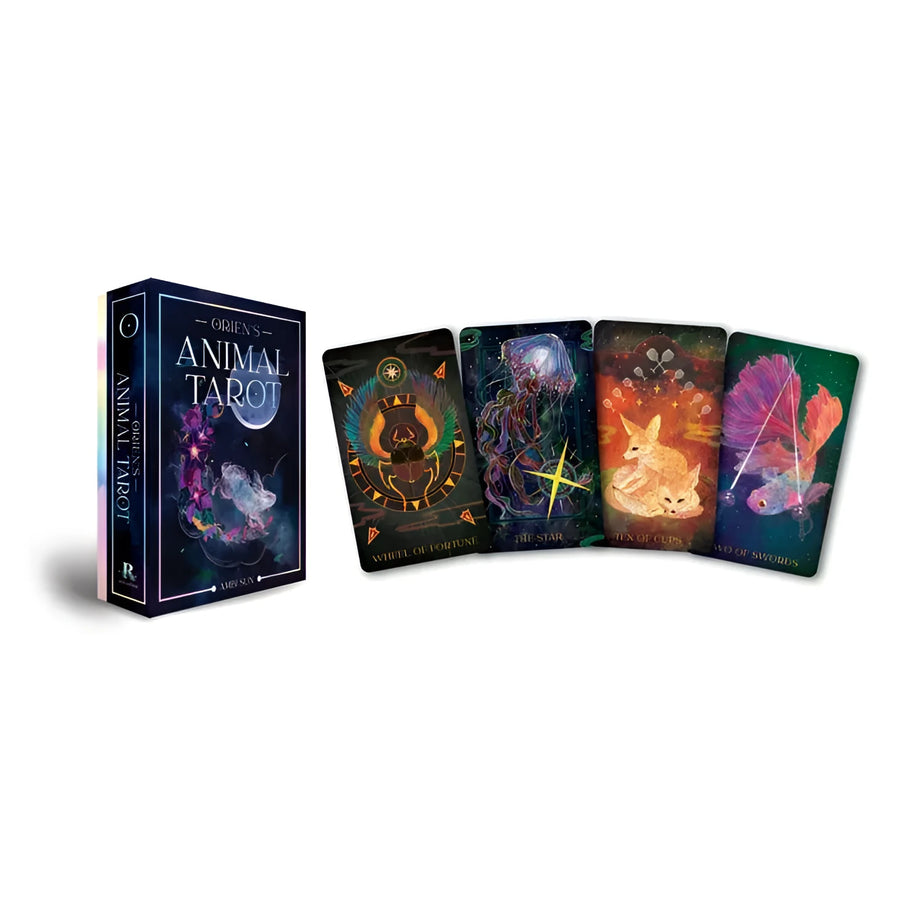 Orien’s Animal Tarot deck by Ambi Sun for tarot readers features 78 uniquely designed cards