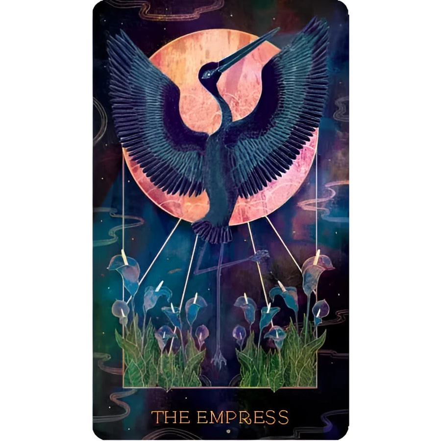 A bird with wings spread in front of a full moon from Orien’s Animal Tarot card deck