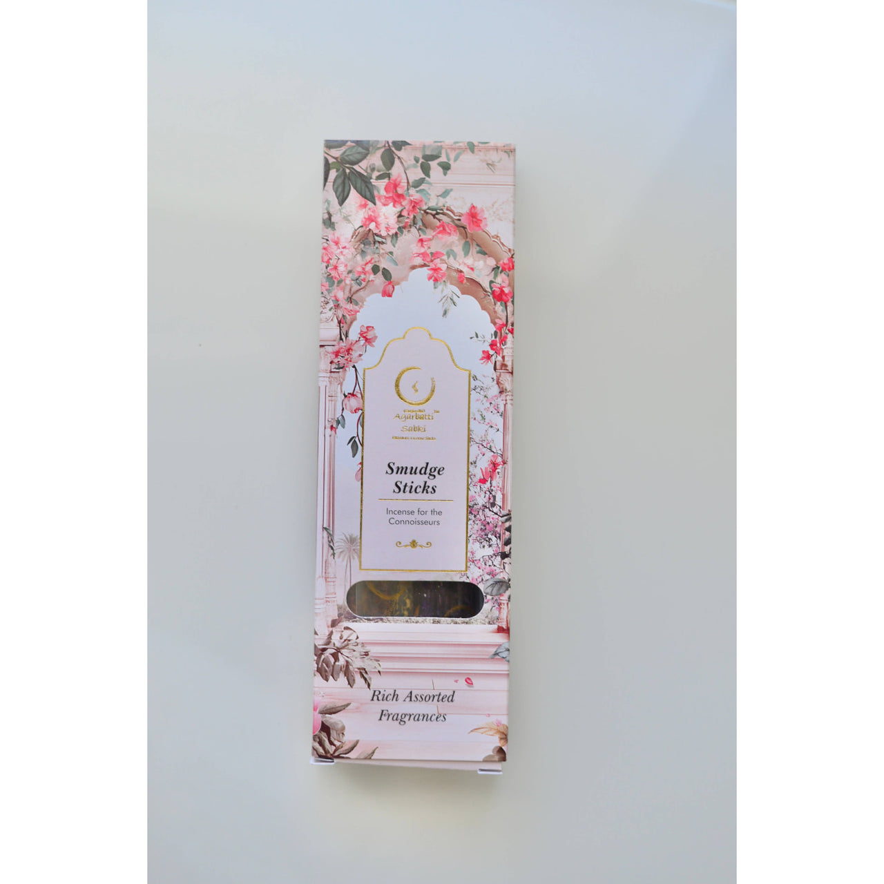 Pack of smudge incense sticks in pink floral box with gold accents, assorted fragrances BC0443