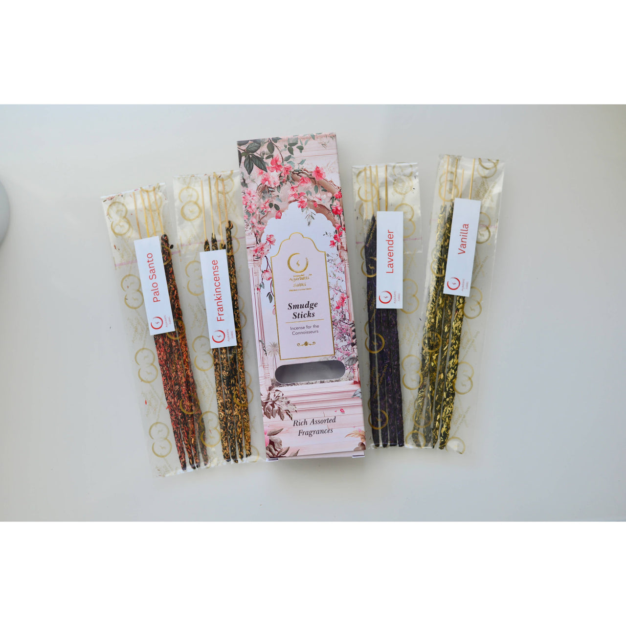 Pink floral pack of assorted smudge incense sticks: palo santo, frankincense, lavender, vanilla #BC0443