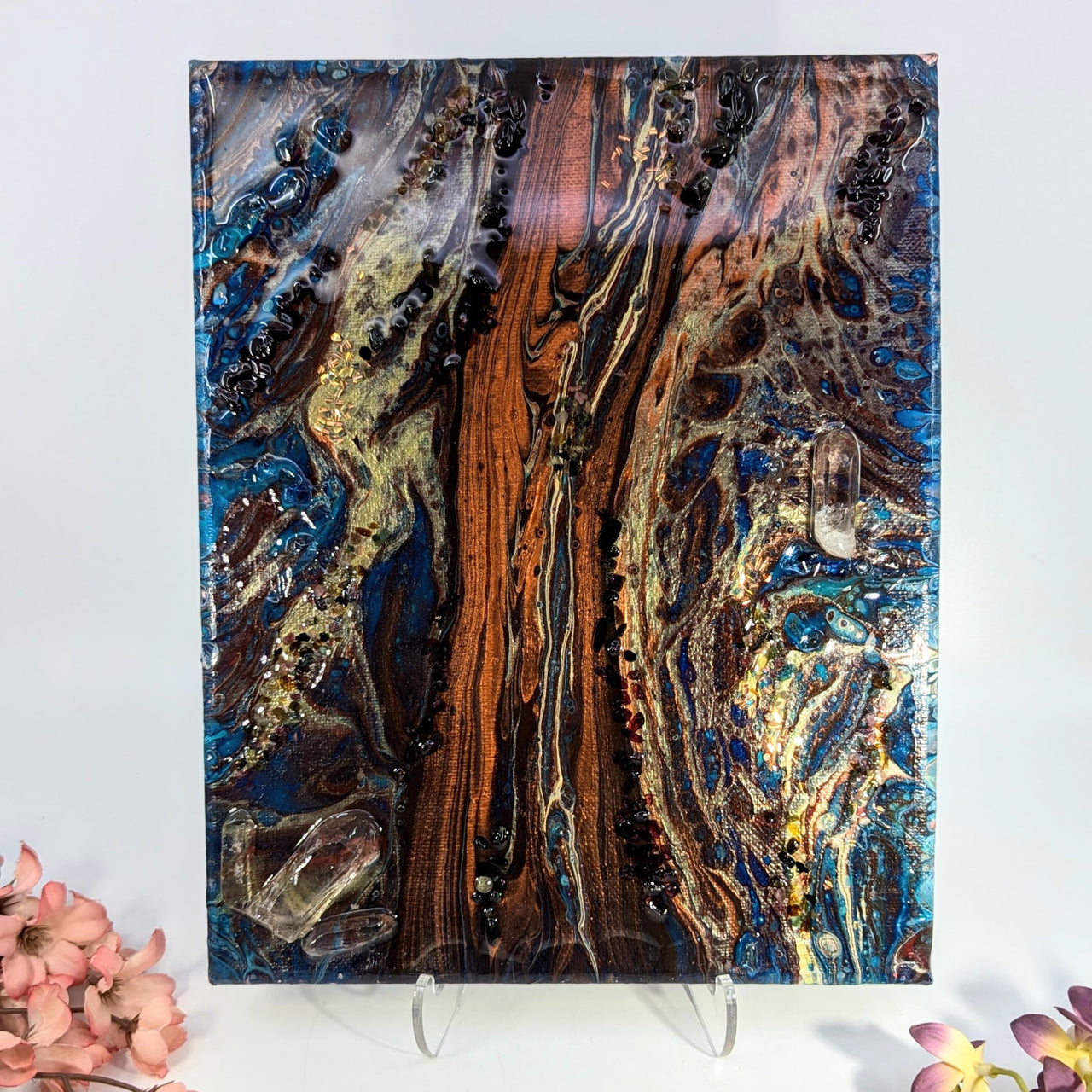 10’’ Painted Resin Canvas with Obsidian Quartz Tree Trunk #BC0383