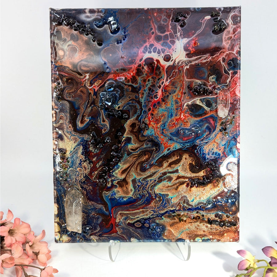 Vibrant 10’’ Painted Resin Canvas with Quartz Tourmaline #BC0384