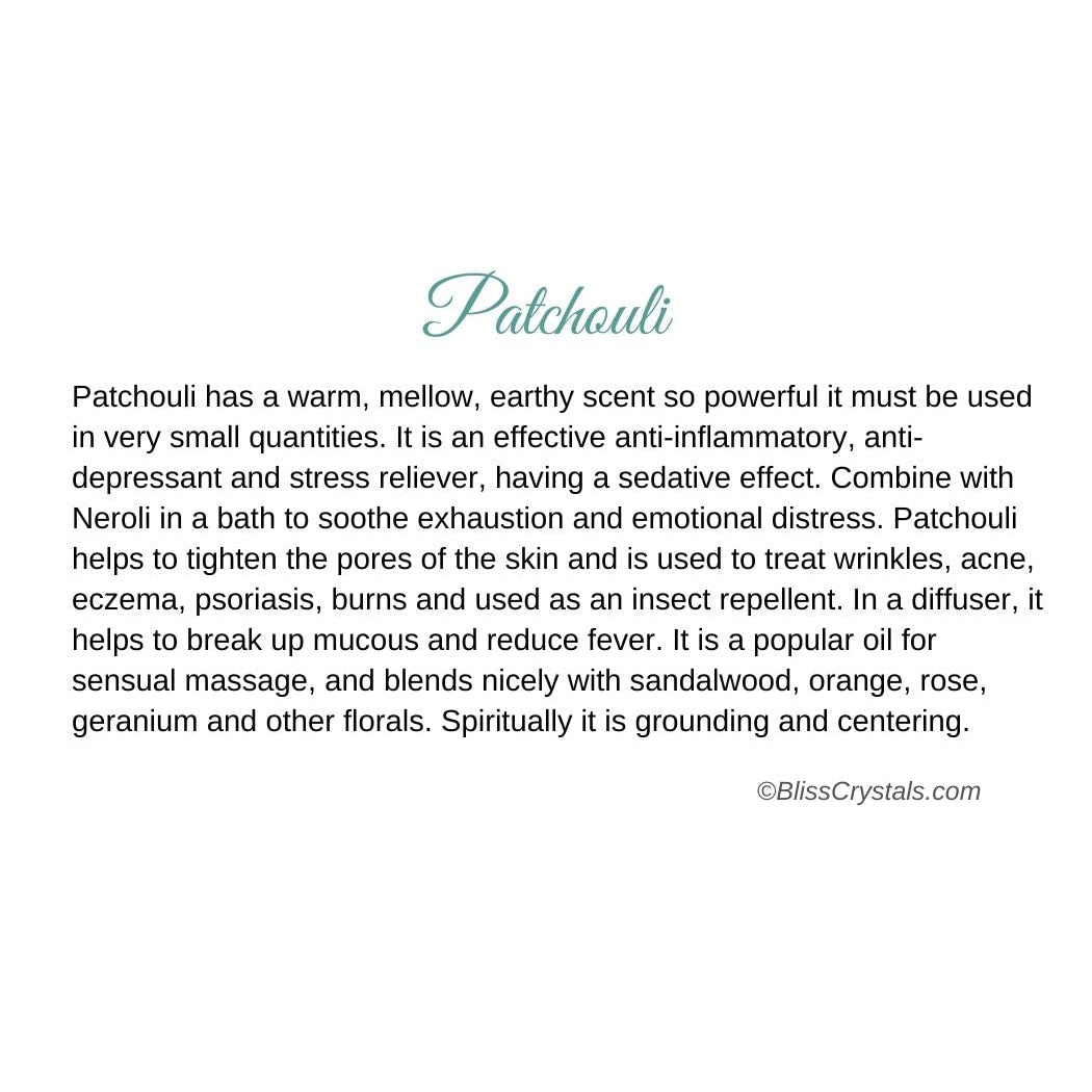Patchouli Essential Oil Info Card Q067 Ancient Wisdom – Bliss Crystals