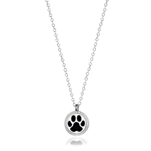 Silver paw print aromatherapy necklace with black silver circular pendant LV9141