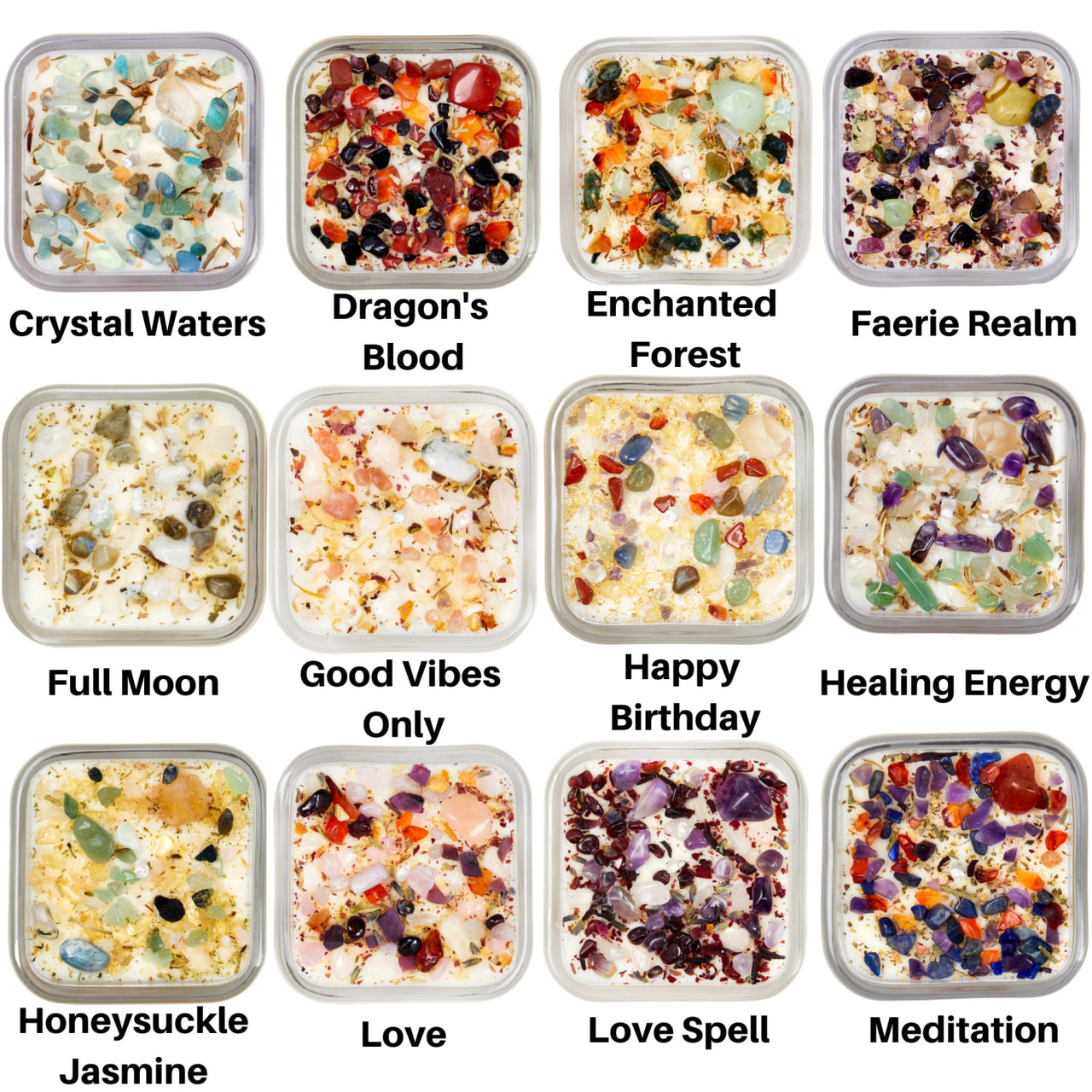 A collection of different colored crystals from Peaceful Home: Crystals & Herb Energy Candles