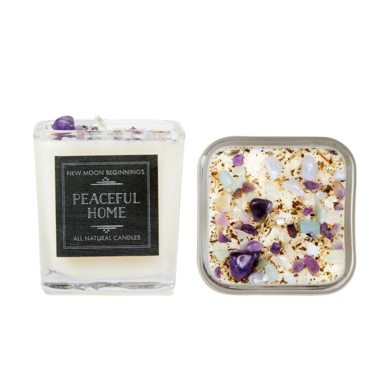 Peaceful Home Candle: Small White & Purple Flower, Soy, 7.5oz, Handmade, Crystals & Herbs