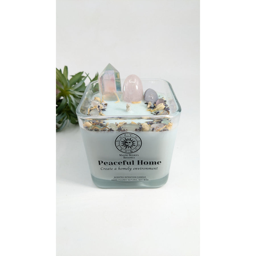 Square glass candle with crystals from Peaceful Home Scented Intention Candle collection