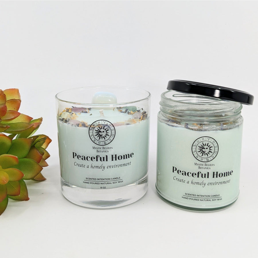 Light blue Peaceful Home Scented Soy Candle with Crystals and Flowers 8oz