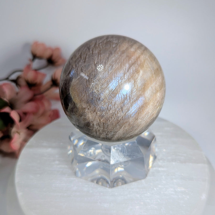 Flashy 2.2-inch Peach Moonstone Sphere #BC0156 on crystal pedestal