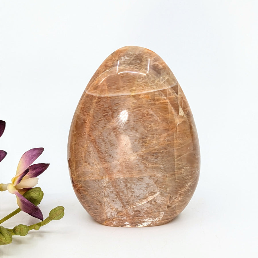 Polished peach moonstone egg from Bliss Crystals, ideal for spiritual teachers