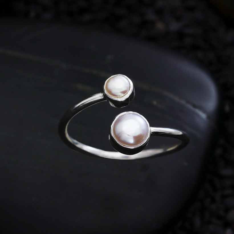 Pearl Sterling Silver Ring #J029 on Black Rock - Elegant Adjustable Jewelry