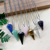Six faceted gemstone crystal pendulums on 18’’ silver chains #LV9391
