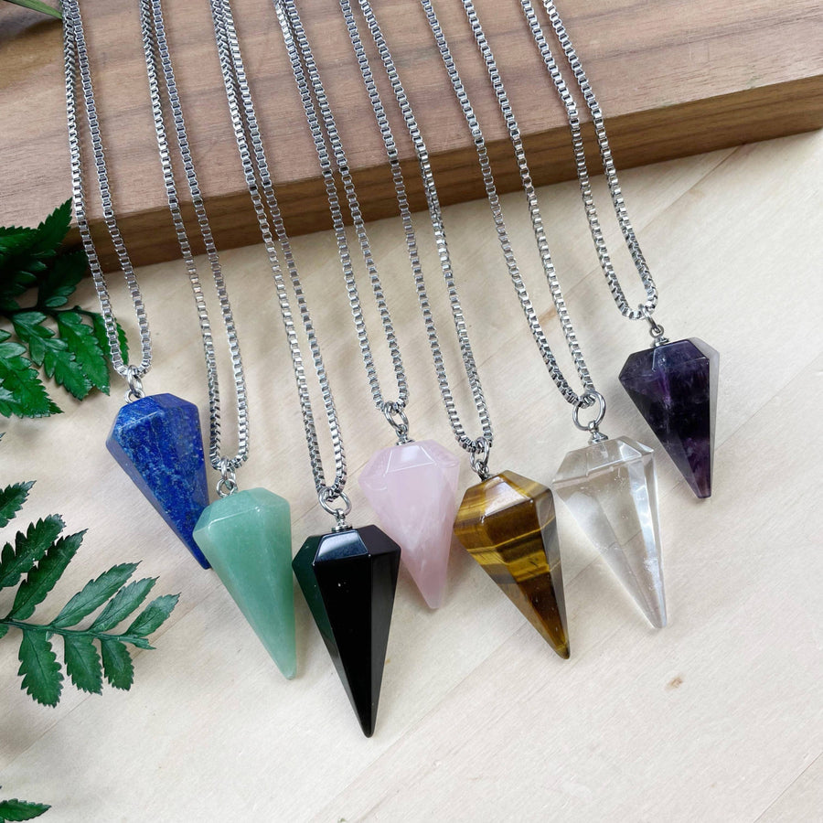 Six faceted gemstone crystal pendulums on 18’’ silver chains #LV9391