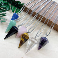 Six faceted gemstone crystal pendulums with silver 18’’ chains, LV9391