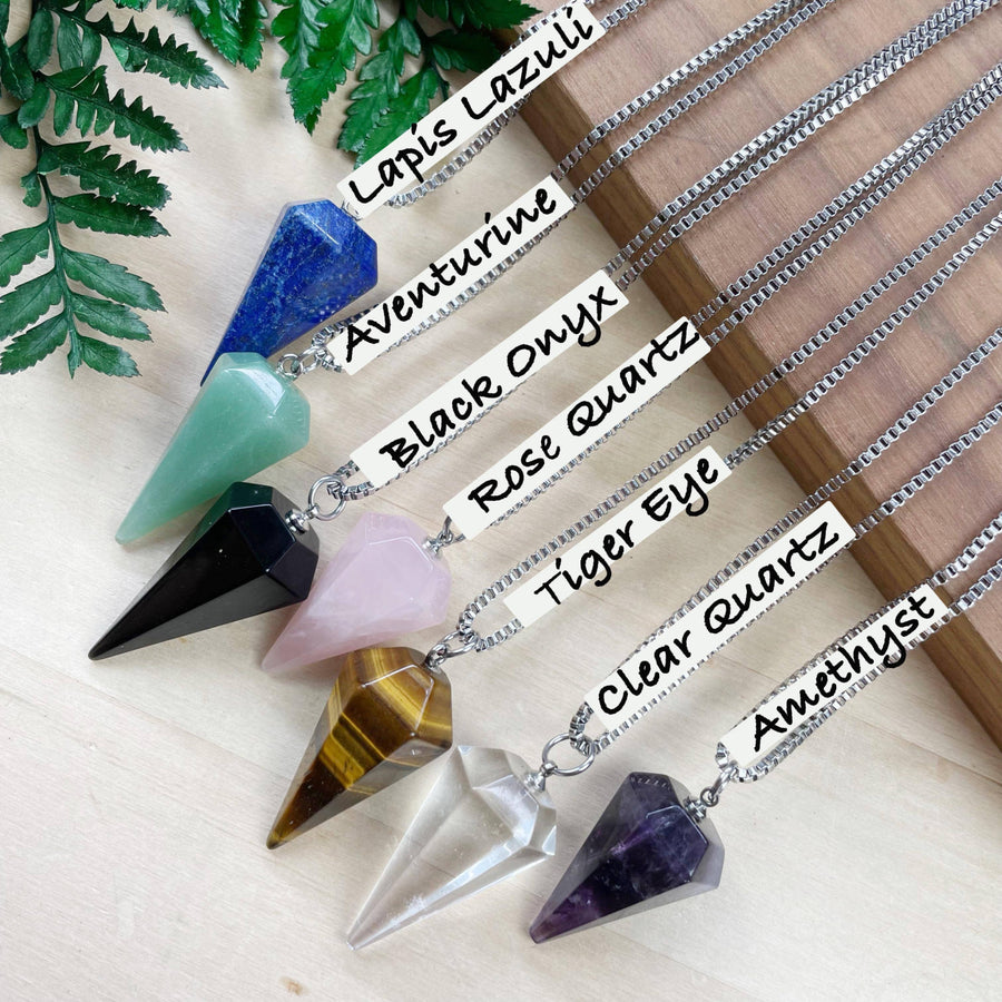 Assorted gemstone pendulum necklace with 7 crystals, 18’’ chain #LV9391