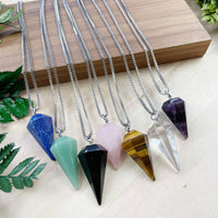 Assorted gemstone pendulum necklaces with silver chains and faceted crystals, 18 inches