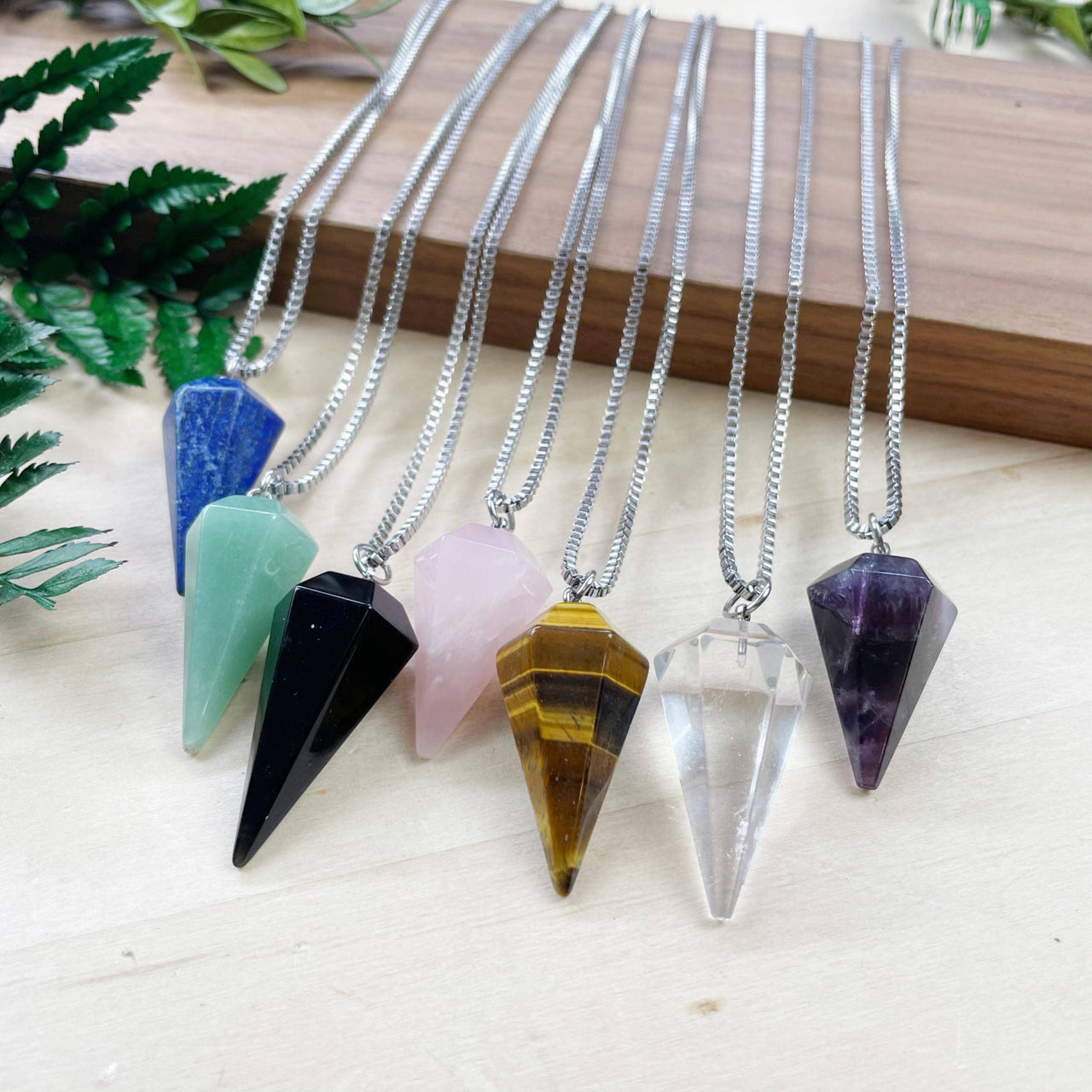 Assorted gemstone crystal pendulums on 18-inch silver chains #LV9391