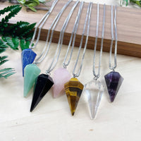 Assorted gemstone crystal pendulums on 18-inch silver chains #LV9391