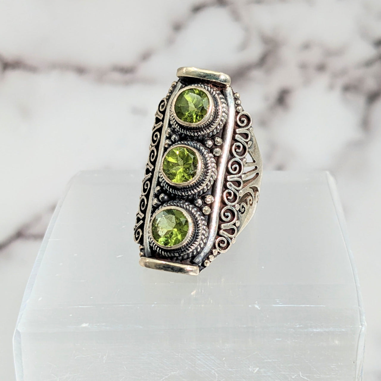 Peridot Faceted Triple Ring Sz 6.5 with Green Gems on Top - Product #LV2606