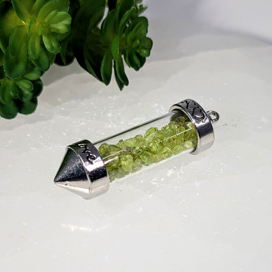 Silver Peridot Vial Heart Love Pendant with Green Crystals