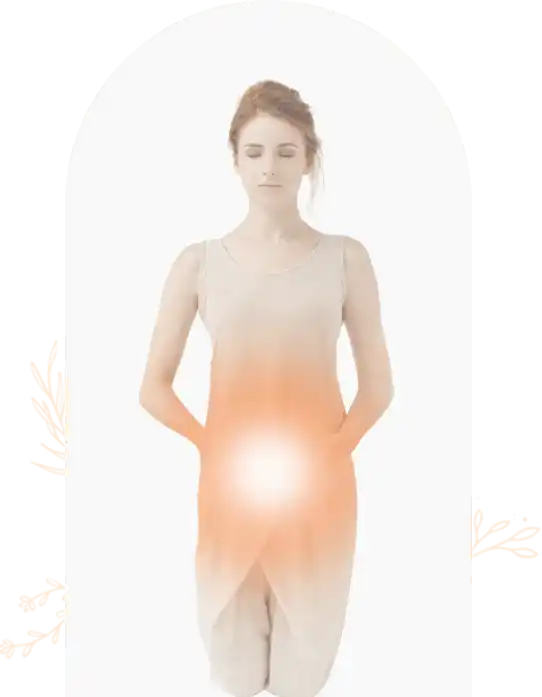 A person in a light-colored outfit with an orange glowing effect around their midsection.
