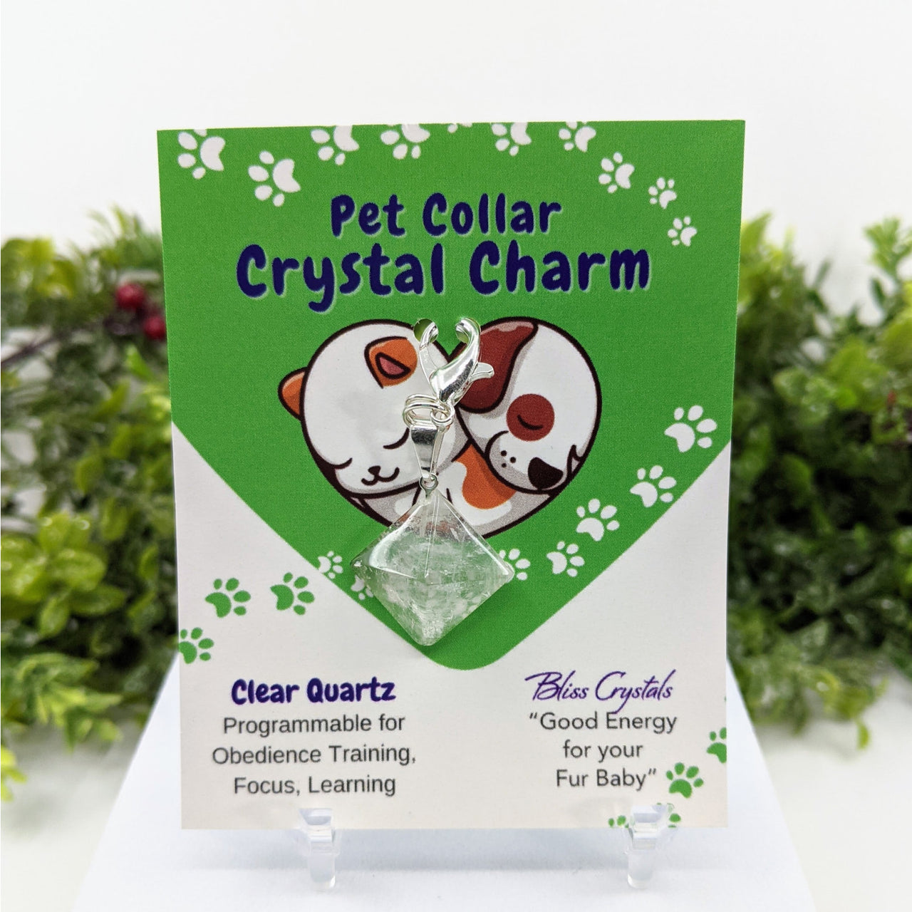 Card with a dog and green heart showcasing the Pet Collar Clip-On Crystal Charm - Clear Quartz