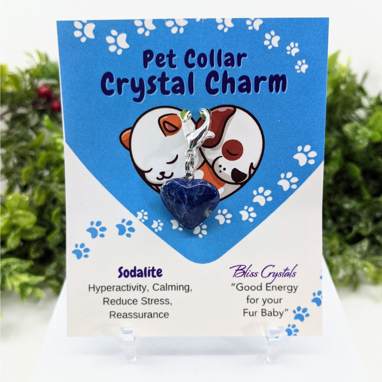 Crystal charm: Blue heart-shaped dog charm with paw, Pet Collar Clip-On Sodalite Heart #LV3473