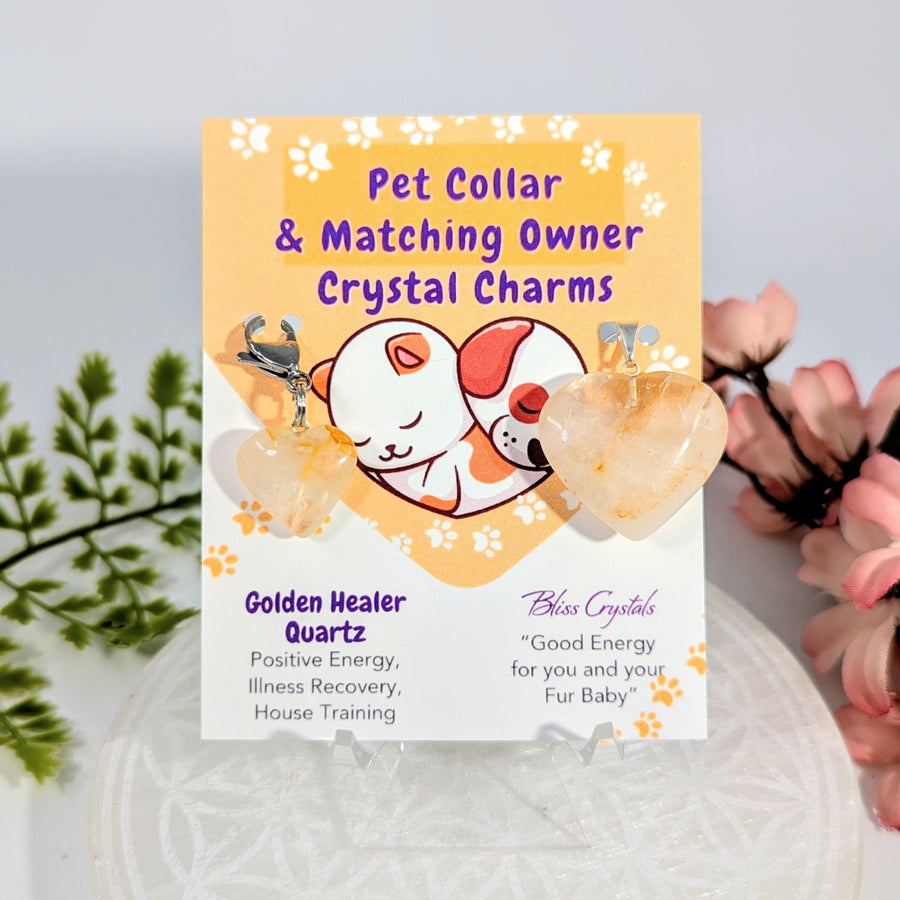 Golden healer quartz heart pet collar charms, translucent amber #BC0182