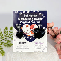 Black obsidian heart crystal charms with silver clasps on pet card