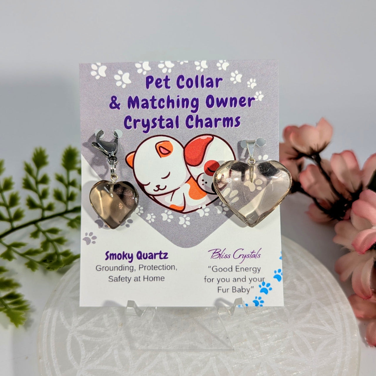 Smoky quartz and clear heart crystal charms on pet collar clip BC0183