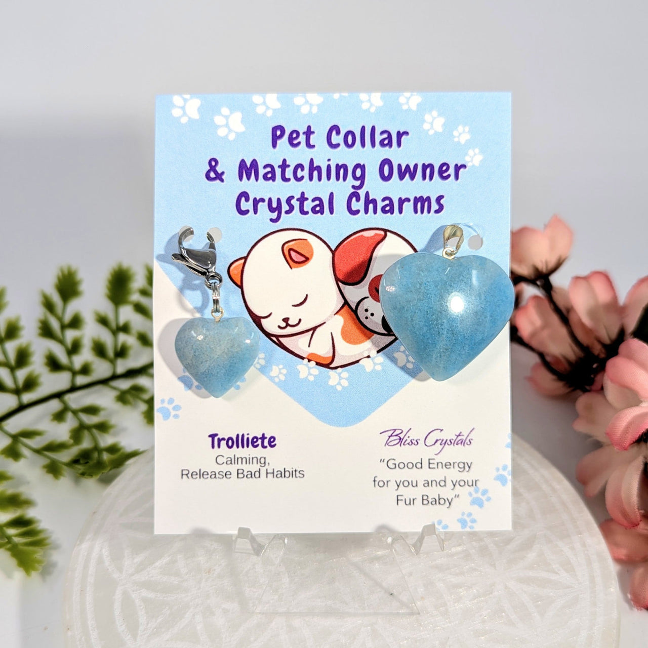Blue Trolleite heart crystal charms with silver clasps for pet collars BC0186