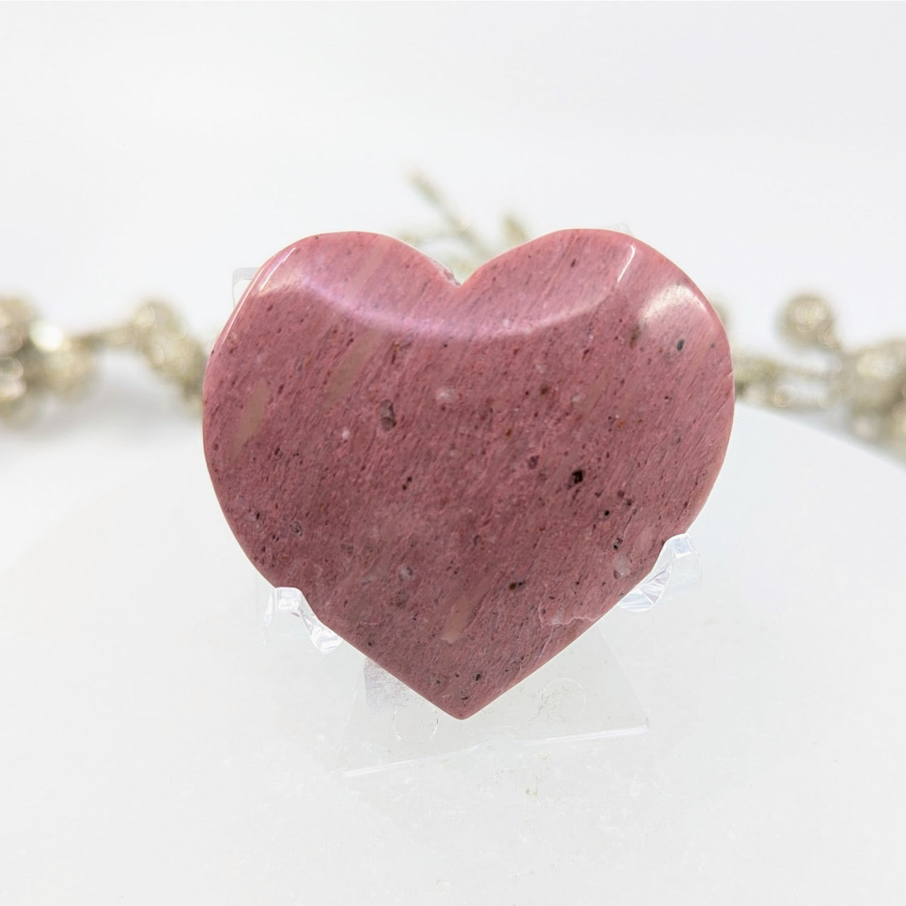 Heart-shaped pink Petrified Wood soap bar with speckled texture and floral design, 1.9in #BC0105