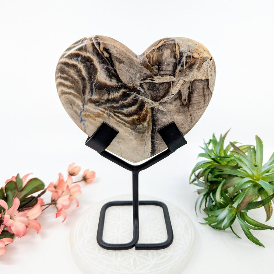 Heart-shaped petrified wood on black metal stand displayed in Petrified Wood 6.75 inch Heart on Stand LV8450